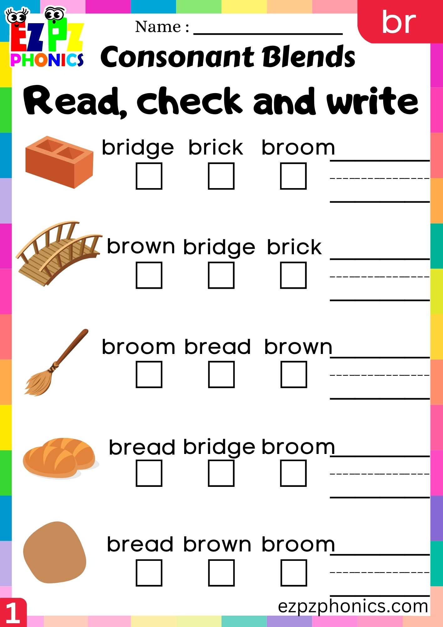 Group1 BR Words Read, Check And Write Phonics Consonant Blends Worksheet